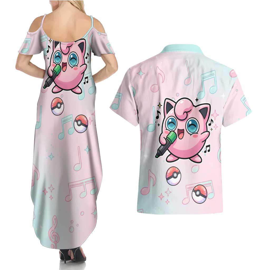 Jigglypuff Couples Matching Summer Maxi Dress and Hawaiian Shirt Pastel Melody Pop Art