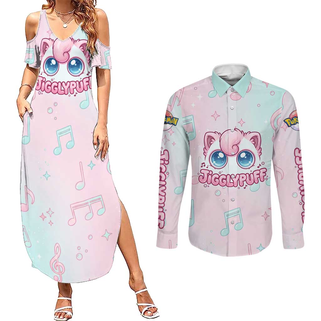 Jigglypuff Couples Matching Summer Maxi Dress and Long Sleeve Button Shirt Pastel Melody Pop Art