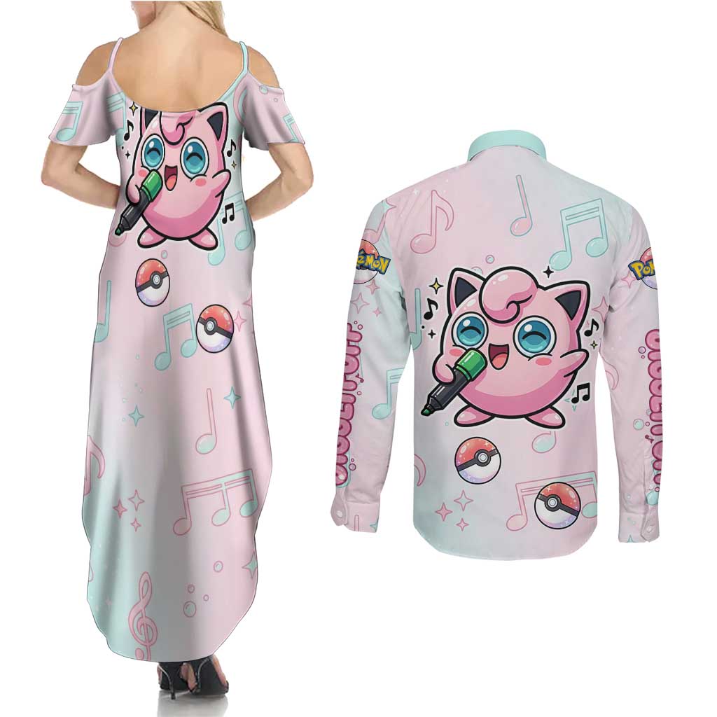 Jigglypuff Couples Matching Summer Maxi Dress and Long Sleeve Button Shirt Pastel Melody Pop Art