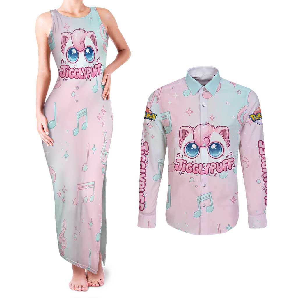 Jigglypuff Couples Matching Tank Maxi Dress and Long Sleeve Button Shirt Pastel Melody Pop Art