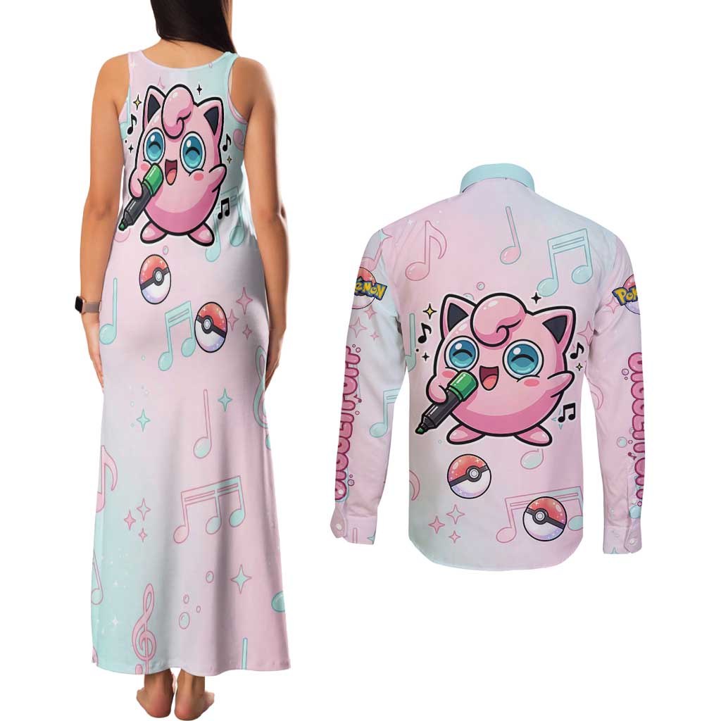 Jigglypuff Couples Matching Tank Maxi Dress and Long Sleeve Button Shirt Pastel Melody Pop Art