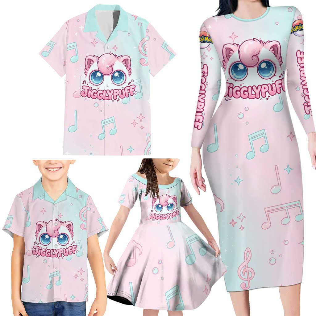 Jigglypuff Family Matching Long Sleeve Bodycon Dress and Hawaiian Shirt Pastel Melody Pop Art