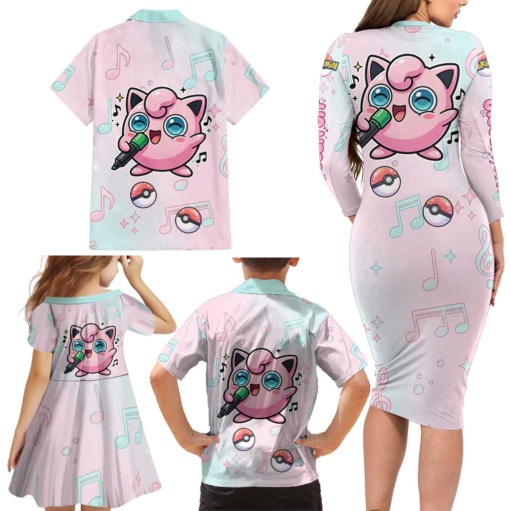 Jigglypuff Family Matching Long Sleeve Bodycon Dress and Hawaiian Shirt Pastel Melody Pop Art