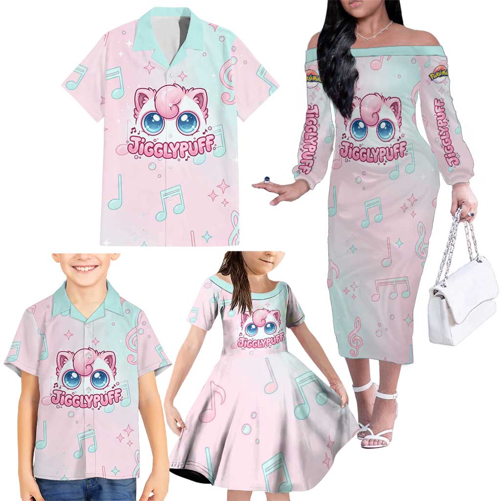 Jigglypuff Family Matching Off The Shoulder Long Sleeve Dress and Hawaiian Shirt Pastel Melody Pop Art