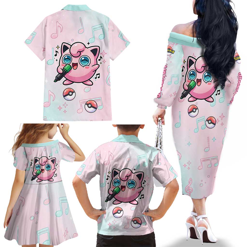 Jigglypuff Family Matching Off The Shoulder Long Sleeve Dress and Hawaiian Shirt Pastel Melody Pop Art