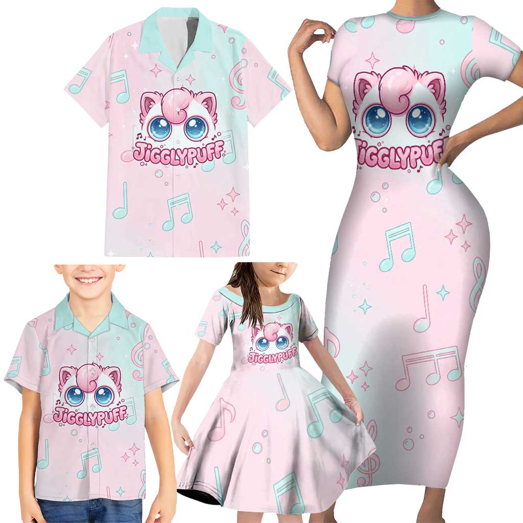 Jigglypuff Family Matching Short Sleeve Bodycon Dress and Hawaiian Shirt Pastel Melody Pop Art