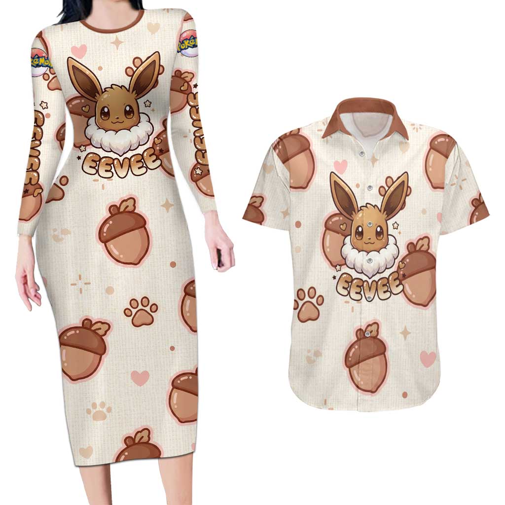 Eevee Couples Matching Long Sleeve Bodycon Dress and Hawaiian Shirt Cozy Autumn Acorn Art