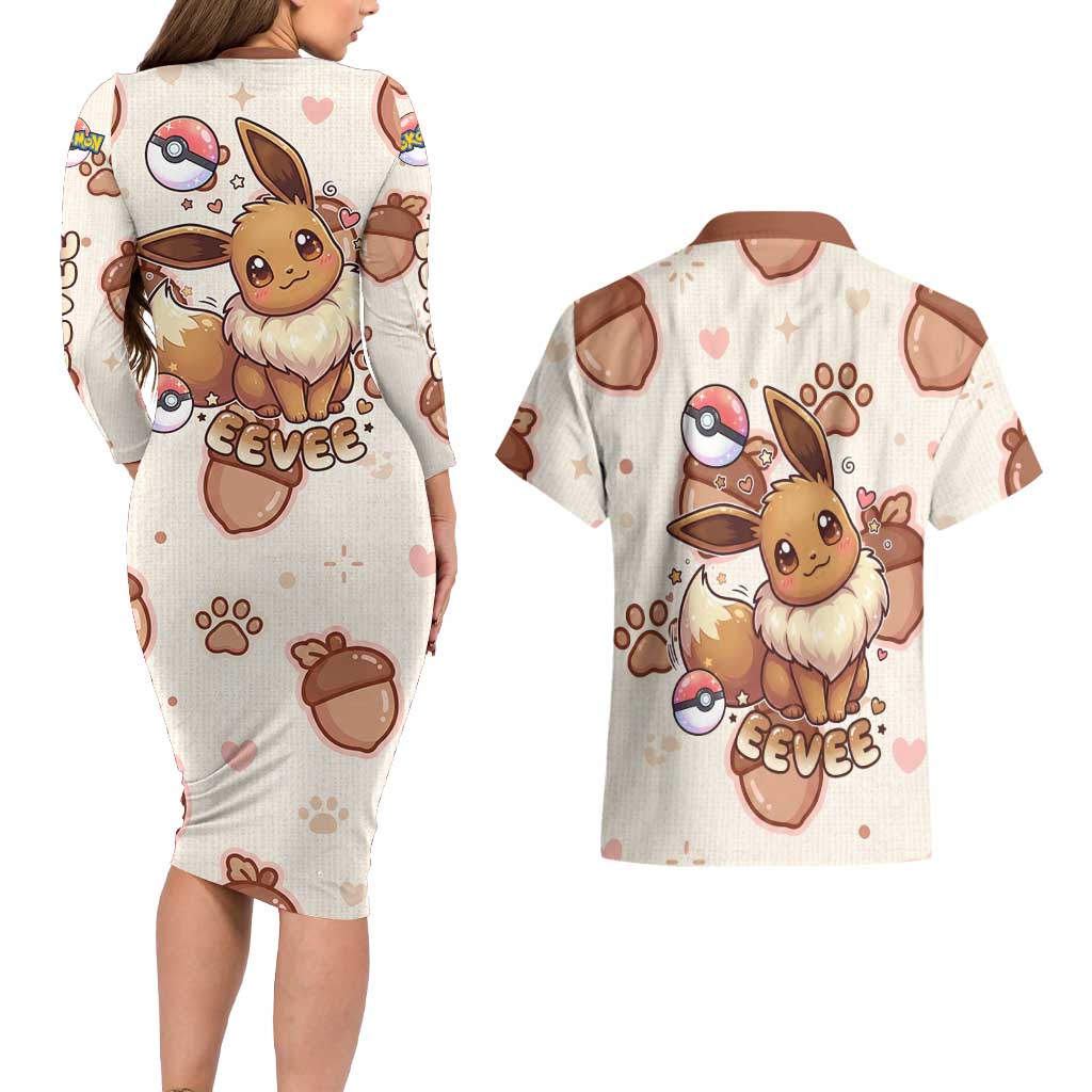 Eevee Couples Matching Long Sleeve Bodycon Dress and Hawaiian Shirt Cozy Autumn Acorn Art