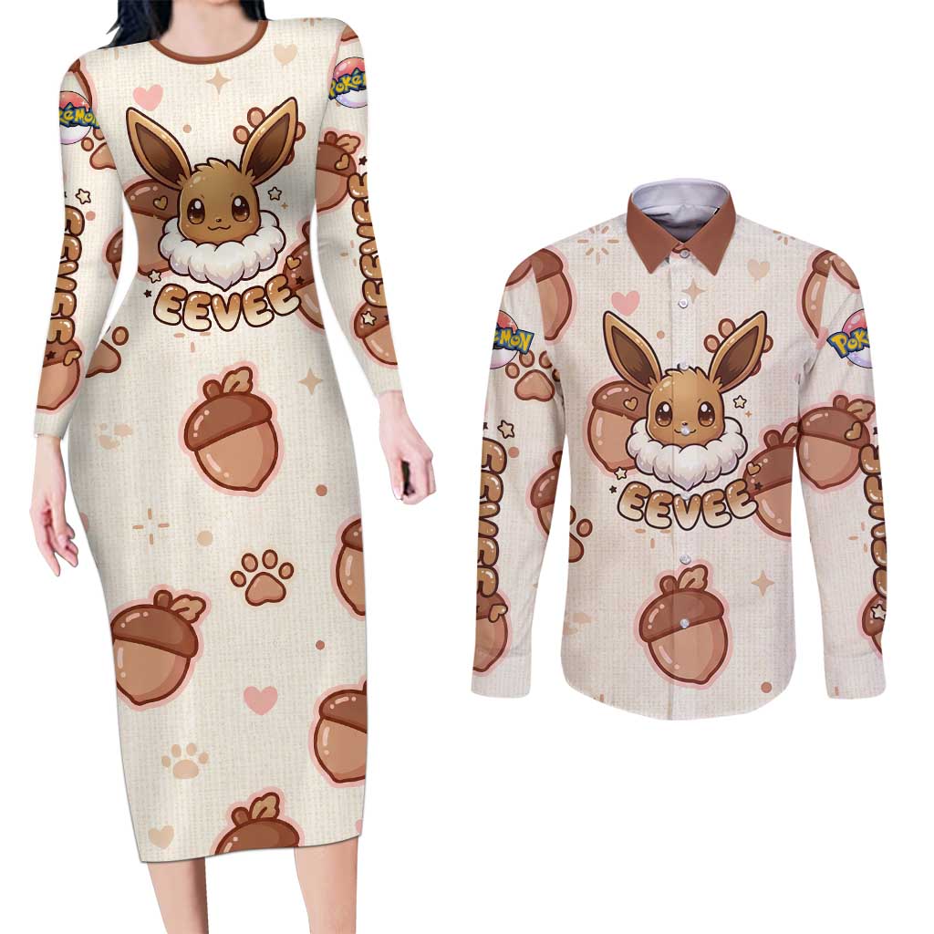 Eevee Couples Matching Long Sleeve Bodycon Dress and Long Sleeve Button Shirt Cozy Autumn Acorn Art