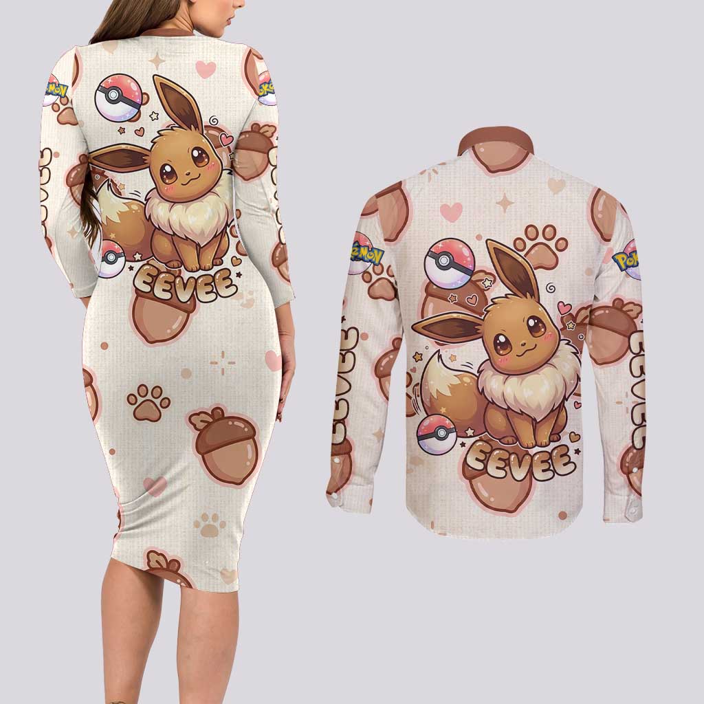 Eevee Couples Matching Long Sleeve Bodycon Dress and Long Sleeve Button Shirt Cozy Autumn Acorn Art