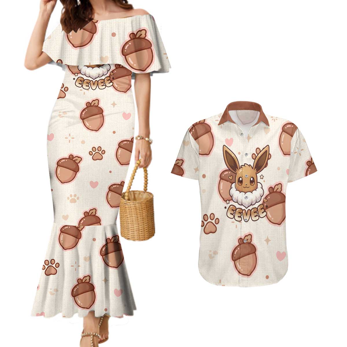 Eevee Couples Matching Mermaid Dress and Hawaiian Shirt Cozy Autumn Acorn Art