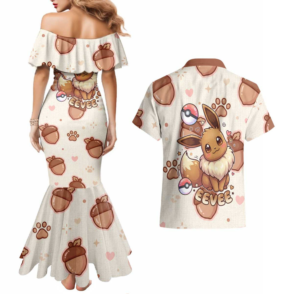 Eevee Couples Matching Mermaid Dress and Hawaiian Shirt Cozy Autumn Acorn Art
