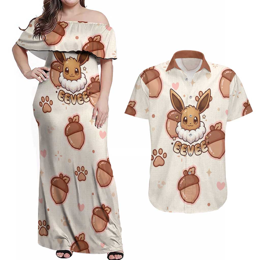 Eevee Couples Matching Off Shoulder Maxi Dress and Hawaiian Shirt Cozy Autumn Acorn Art