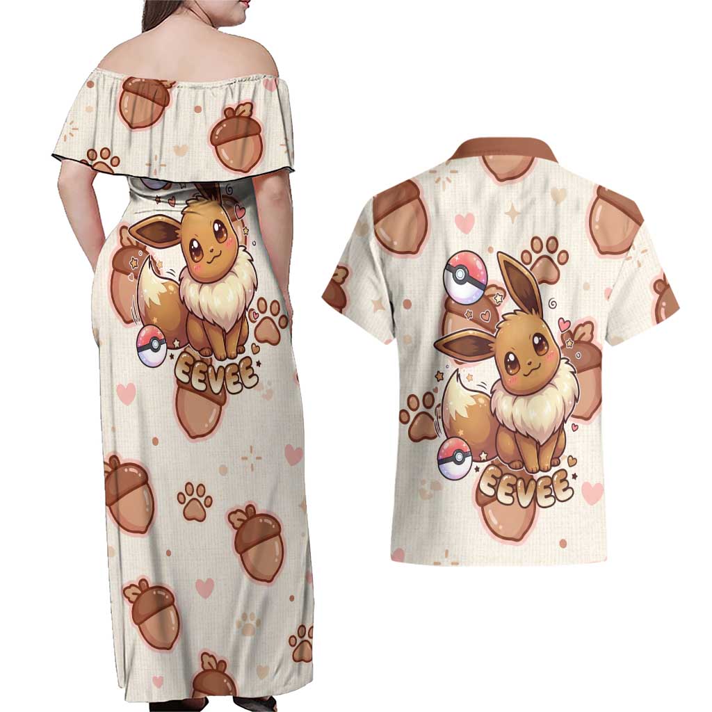 Eevee Couples Matching Off Shoulder Maxi Dress and Hawaiian Shirt Cozy Autumn Acorn Art