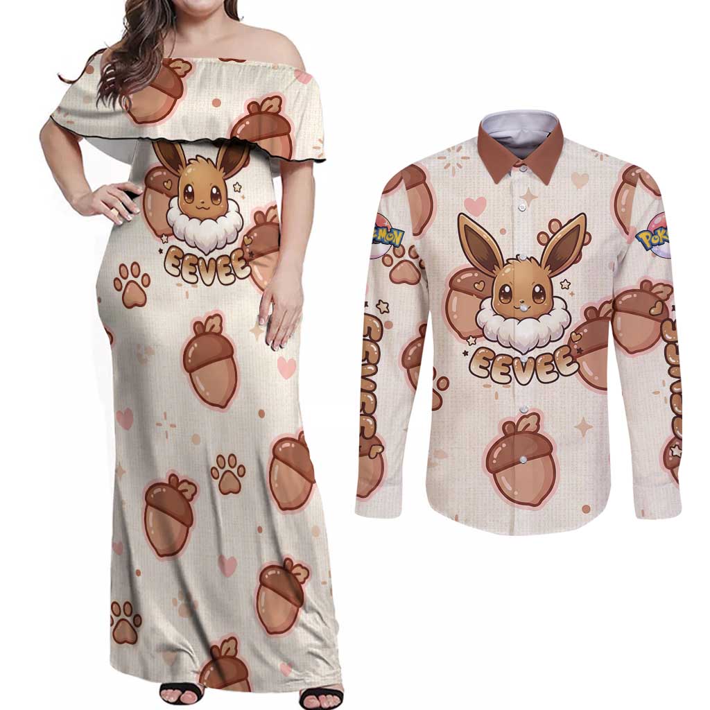 Eevee Couples Matching Off Shoulder Maxi Dress and Long Sleeve Button Shirt Cozy Autumn Acorn Art