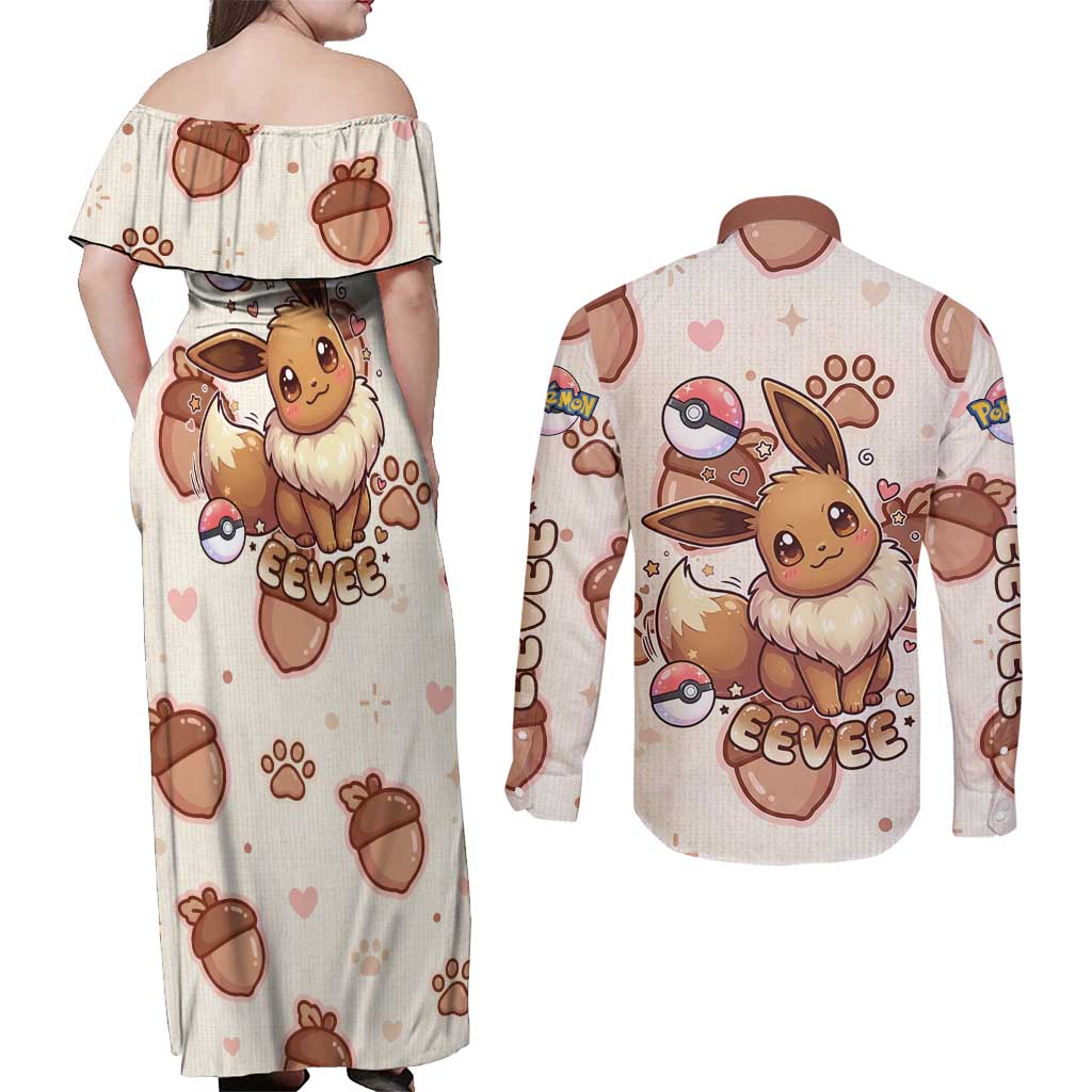 Eevee Couples Matching Off Shoulder Maxi Dress and Long Sleeve Button Shirt Cozy Autumn Acorn Art