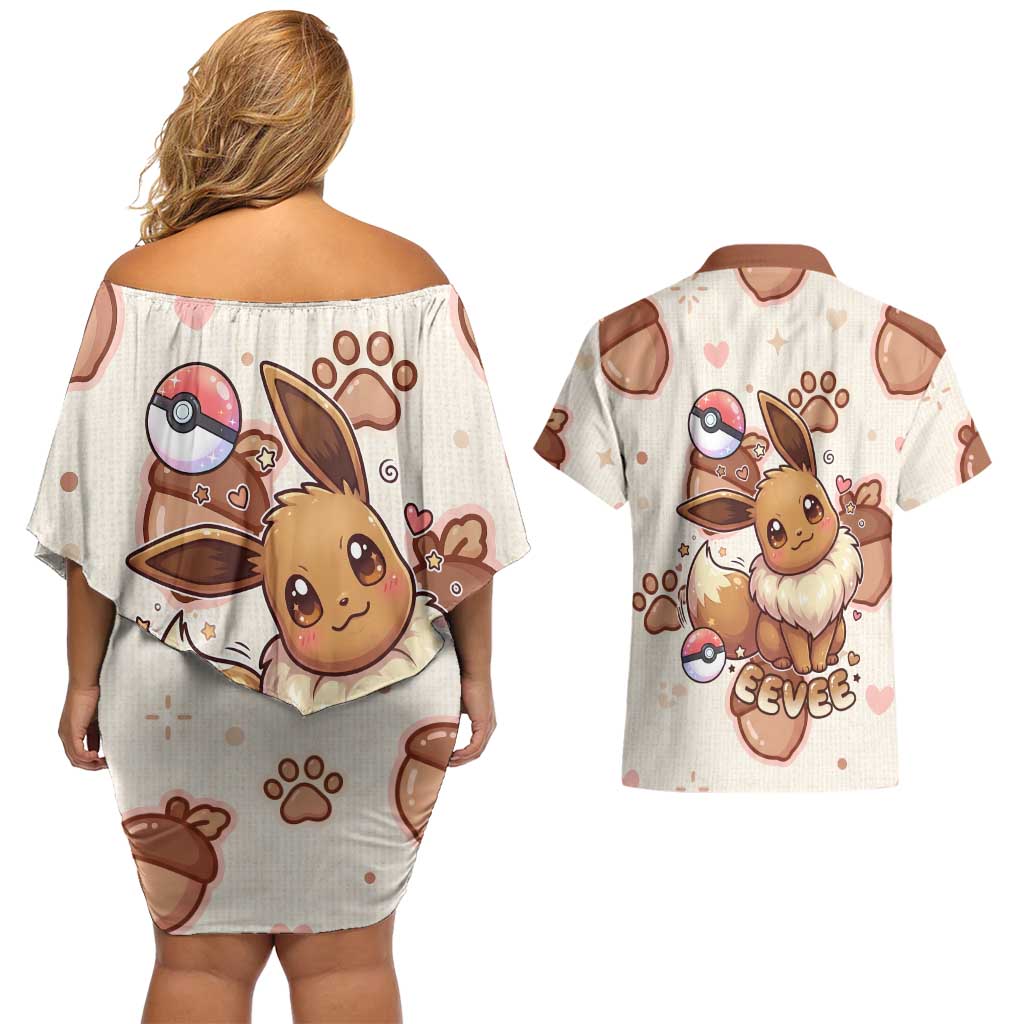 Eevee Couples Matching Off Shoulder Short Dress and Hawaiian Shirt Cozy Autumn Acorn Art