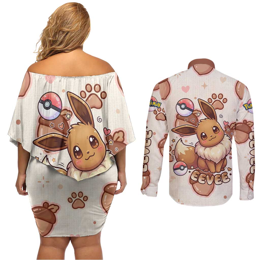 Eevee Couples Matching Off Shoulder Short Dress and Long Sleeve Button Shirt Cozy Autumn Acorn Art