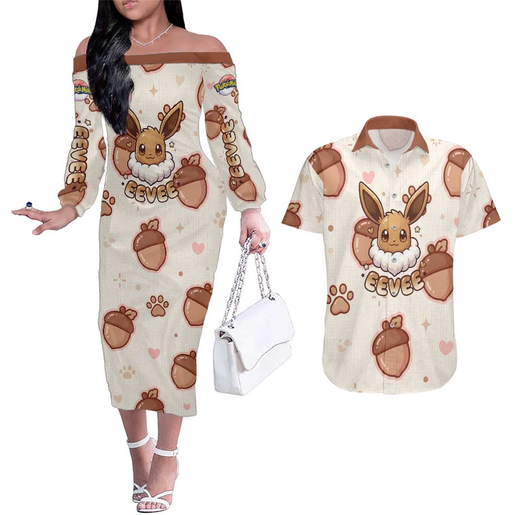 Eevee Couples Matching Off The Shoulder Long Sleeve Dress and Hawaiian Shirt Cozy Autumn Acorn Art