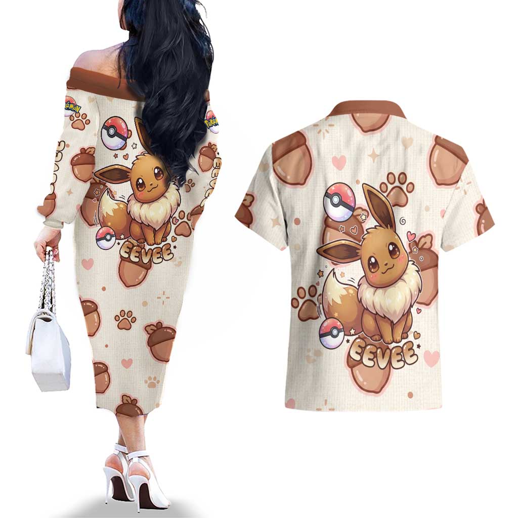 Eevee Couples Matching Off The Shoulder Long Sleeve Dress and Hawaiian Shirt Cozy Autumn Acorn Art