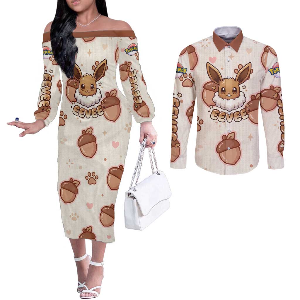 Eevee Couples Matching Off The Shoulder Long Sleeve Dress and Long Sleeve Button Shirt Cozy Autumn Acorn Art