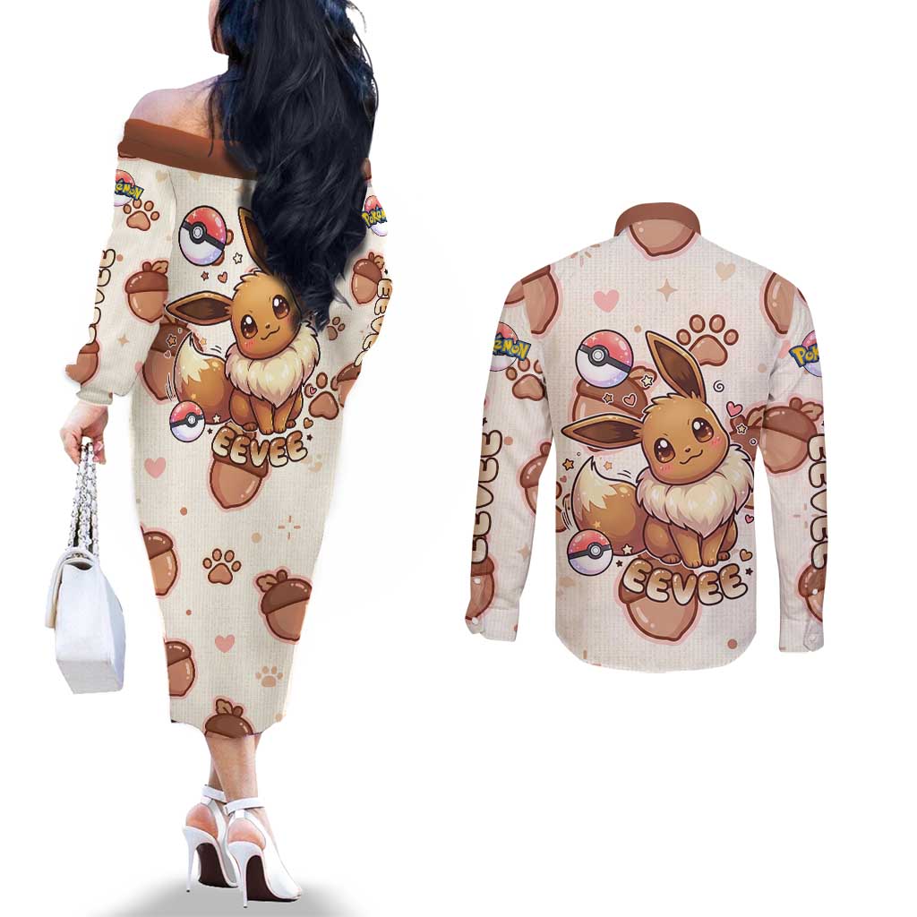 Eevee Couples Matching Off The Shoulder Long Sleeve Dress and Long Sleeve Button Shirt Cozy Autumn Acorn Art