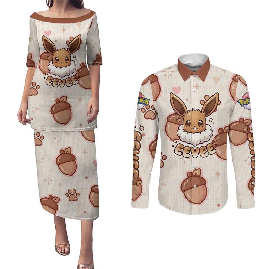 Eevee Couples Matching Puletasi and Long Sleeve Button Shirt Cozy Autumn Acorn Art