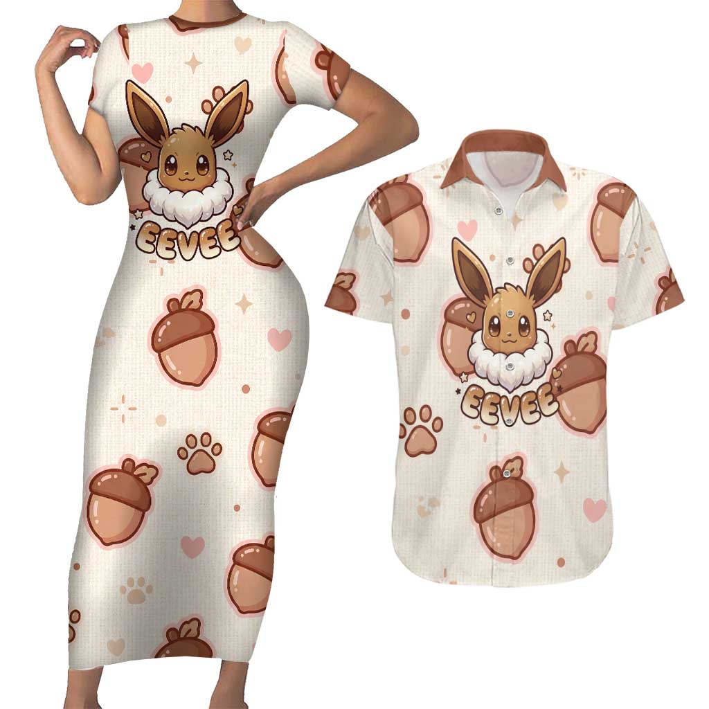 Eevee Couples Matching Short Sleeve Bodycon Dress and Hawaiian Shirt Cozy Autumn Acorn Art