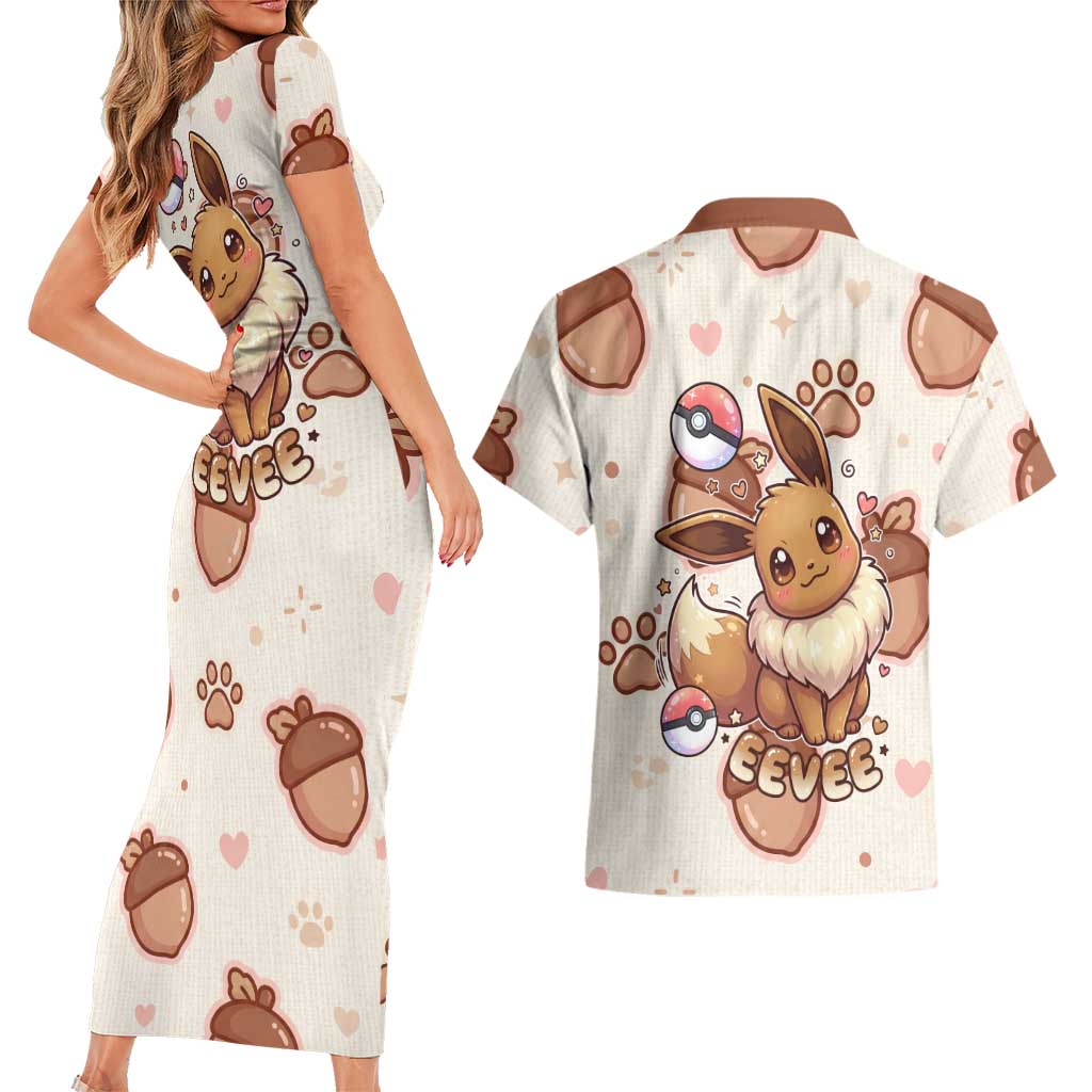 Eevee Couples Matching Short Sleeve Bodycon Dress and Hawaiian Shirt Cozy Autumn Acorn Art