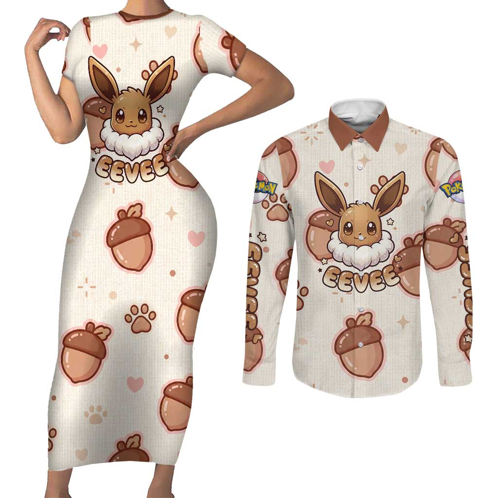 Eevee Couples Matching Short Sleeve Bodycon Dress and Long Sleeve Button Shirt Cozy Autumn Acorn Art