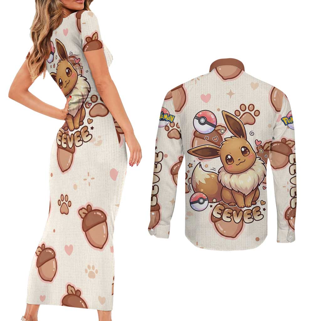 Eevee Couples Matching Short Sleeve Bodycon Dress and Long Sleeve Button Shirt Cozy Autumn Acorn Art