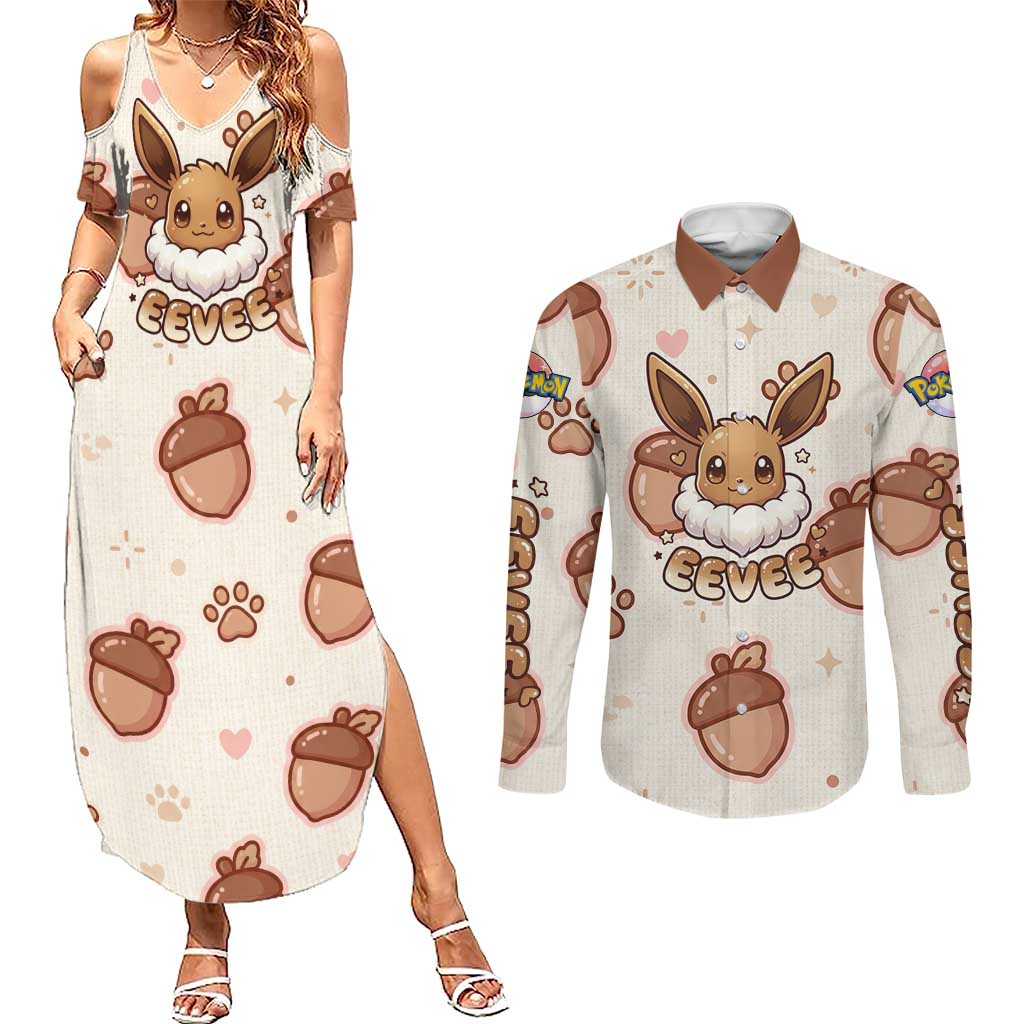 Eevee Couples Matching Summer Maxi Dress and Long Sleeve Button Shirt Cozy Autumn Acorn Art