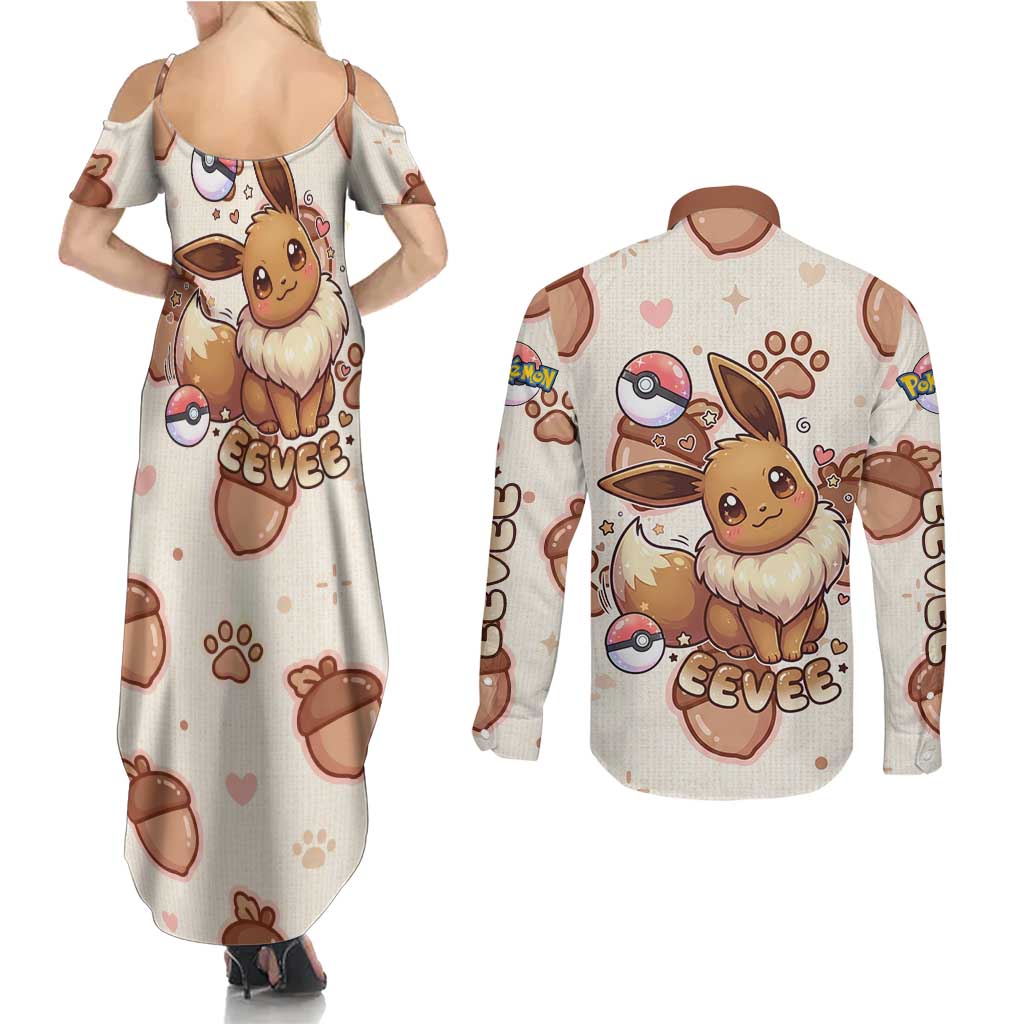 Eevee Couples Matching Summer Maxi Dress and Long Sleeve Button Shirt Cozy Autumn Acorn Art