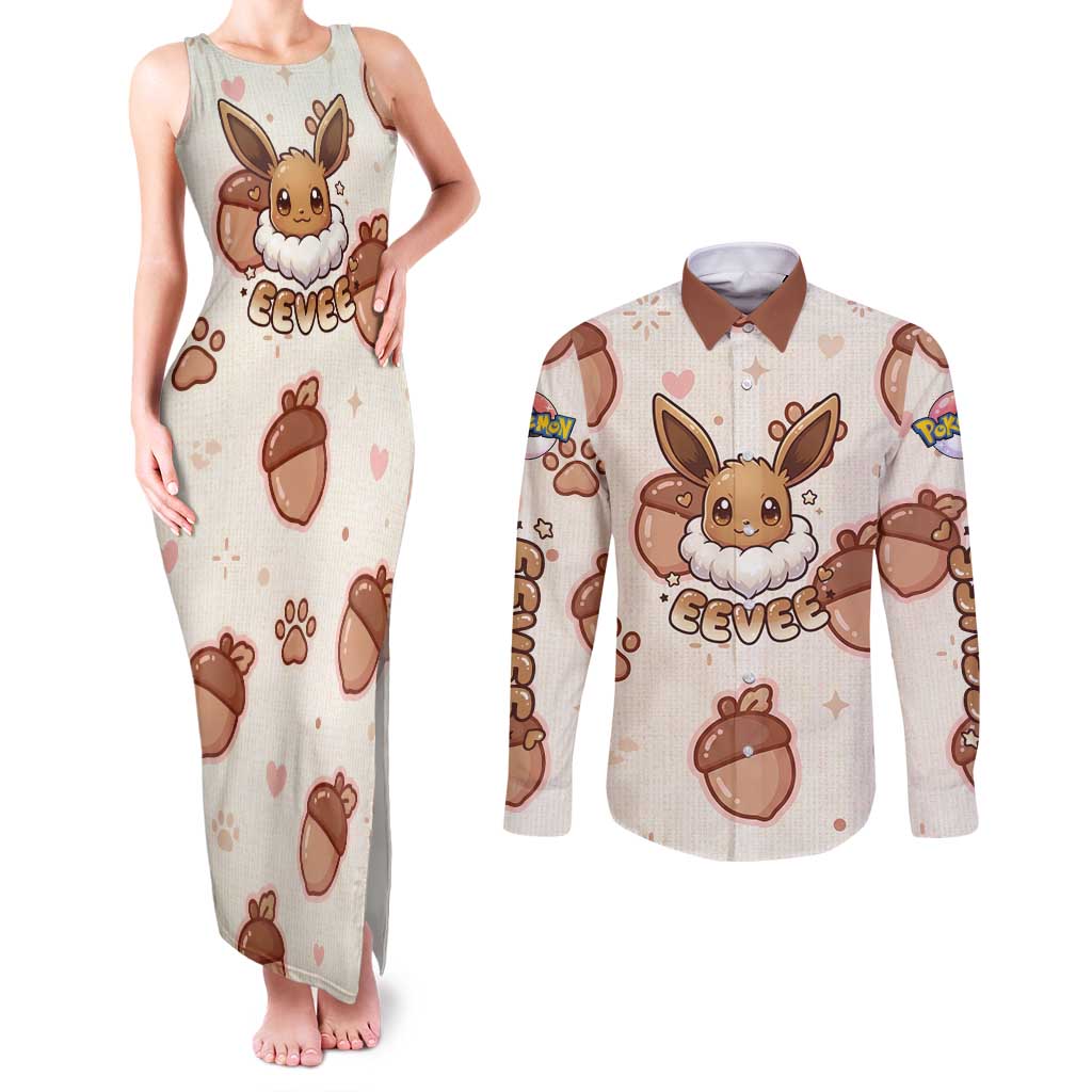 Eevee Couples Matching Tank Maxi Dress and Long Sleeve Button Shirt Cozy Autumn Acorn Art
