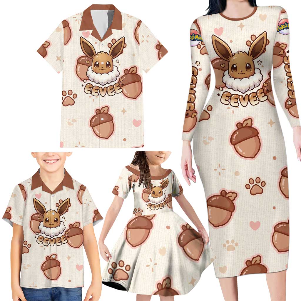 Eevee Family Matching Long Sleeve Bodycon Dress and Hawaiian Shirt Cozy Autumn Acorn Art