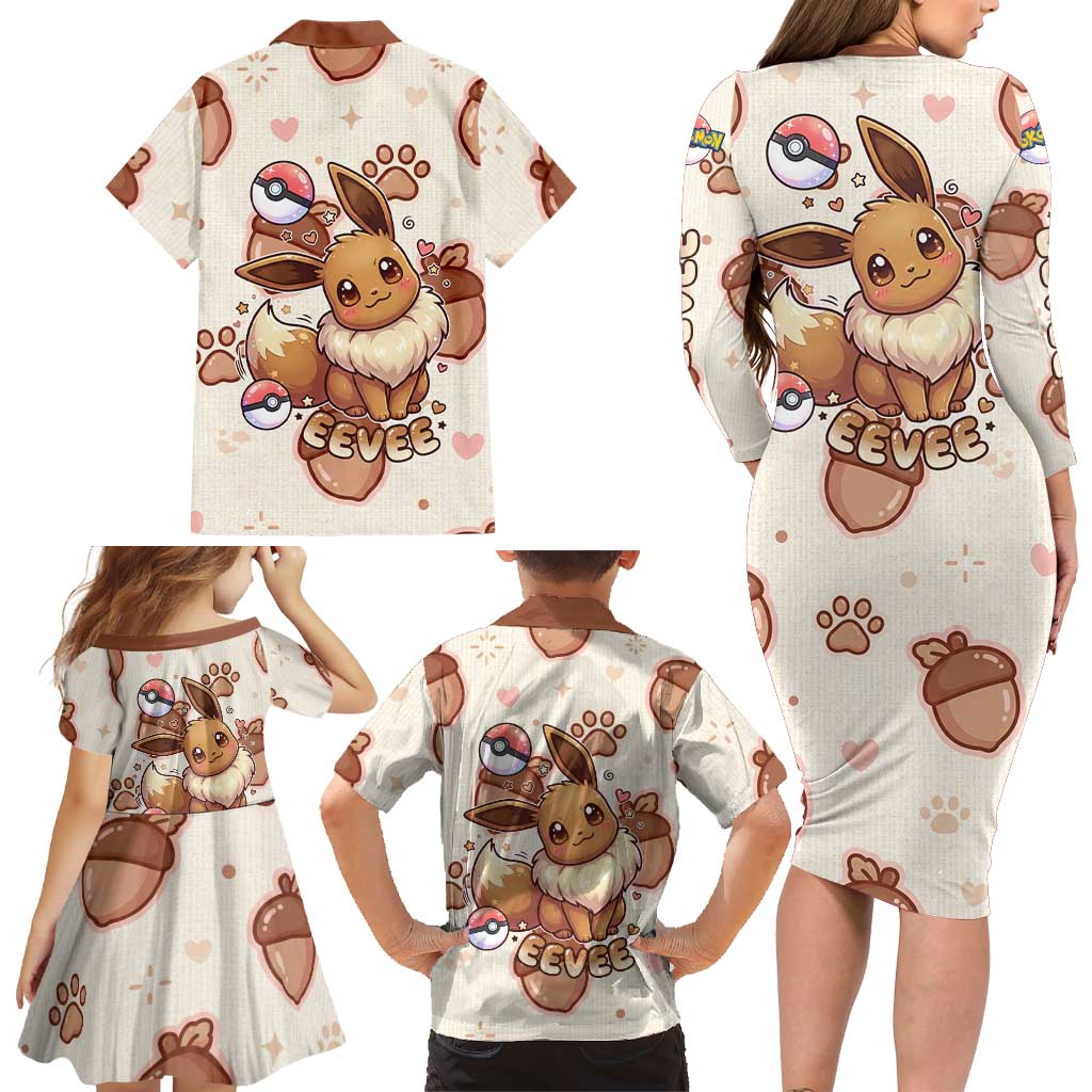 Eevee Family Matching Long Sleeve Bodycon Dress and Hawaiian Shirt Cozy Autumn Acorn Art