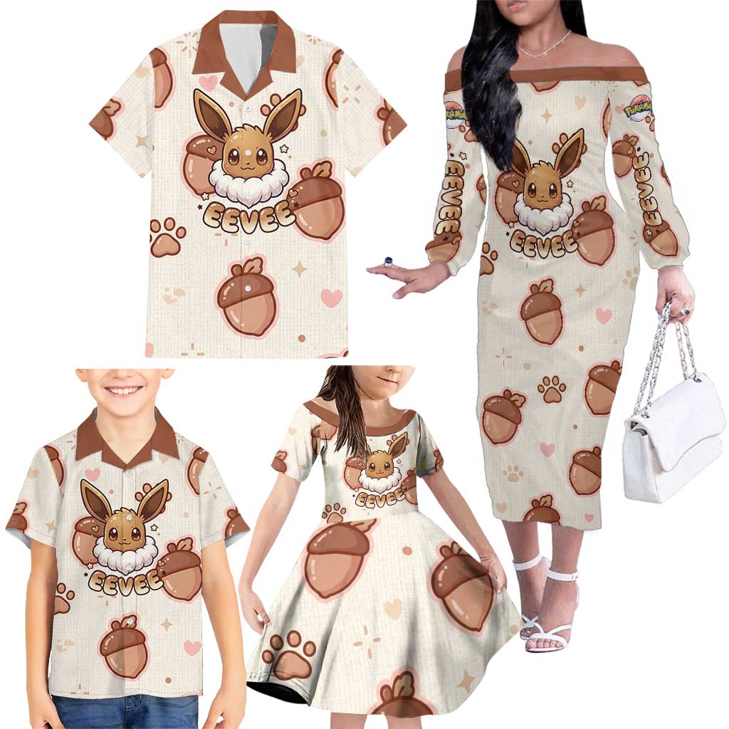 Eevee Family Matching Off The Shoulder Long Sleeve Dress and Hawaiian Shirt Cozy Autumn Acorn Art