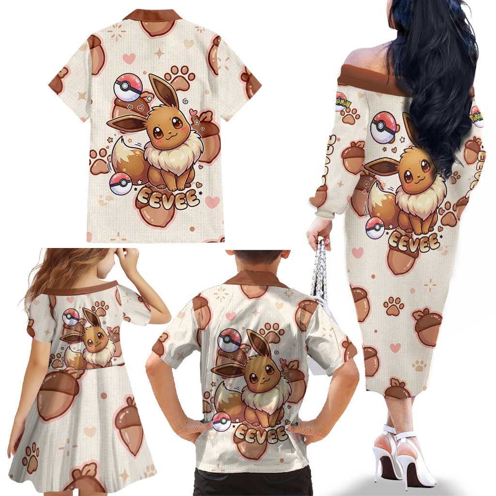 Eevee Family Matching Off The Shoulder Long Sleeve Dress and Hawaiian Shirt Cozy Autumn Acorn Art