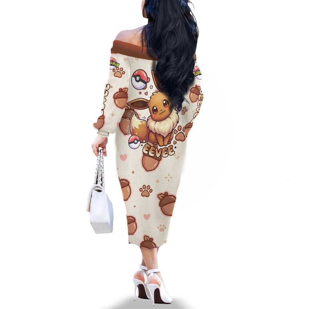 Eevee Family Matching Off The Shoulder Long Sleeve Dress and Hawaiian Shirt Cozy Autumn Acorn Art