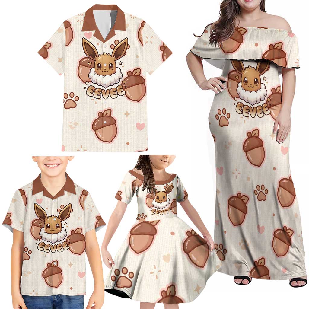 Eevee Family Matching Off Shoulder Maxi Dress and Hawaiian Shirt Cozy Autumn Acorn Art