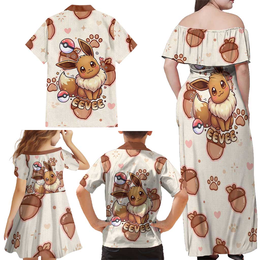 Eevee Family Matching Off Shoulder Maxi Dress and Hawaiian Shirt Cozy Autumn Acorn Art