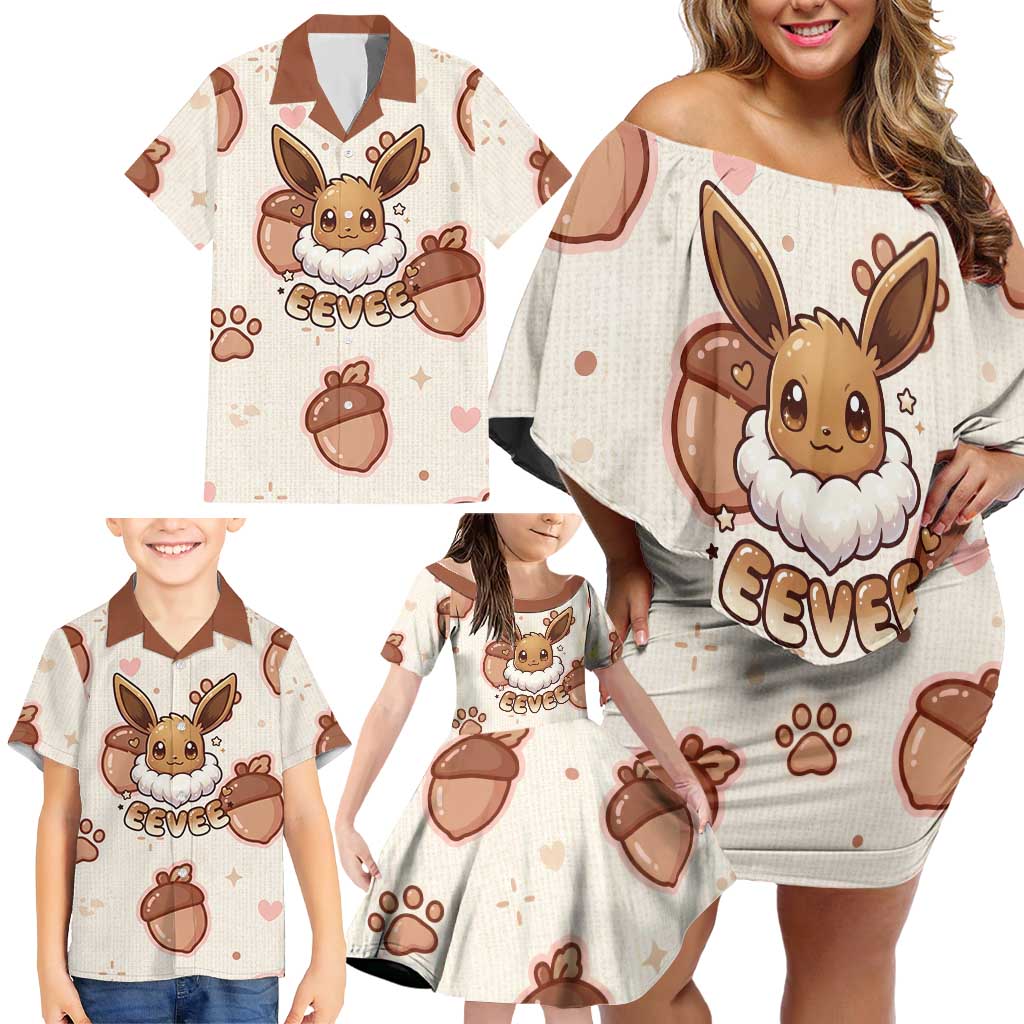 Eevee Family Matching Off Shoulder Short Dress and Hawaiian Shirt Cozy Autumn Acorn Art