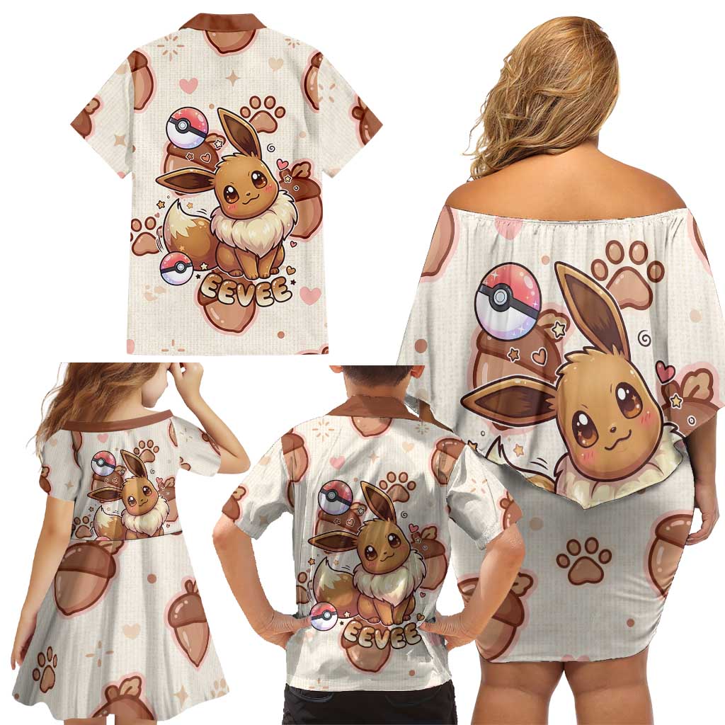 Eevee Family Matching Off Shoulder Short Dress and Hawaiian Shirt Cozy Autumn Acorn Art