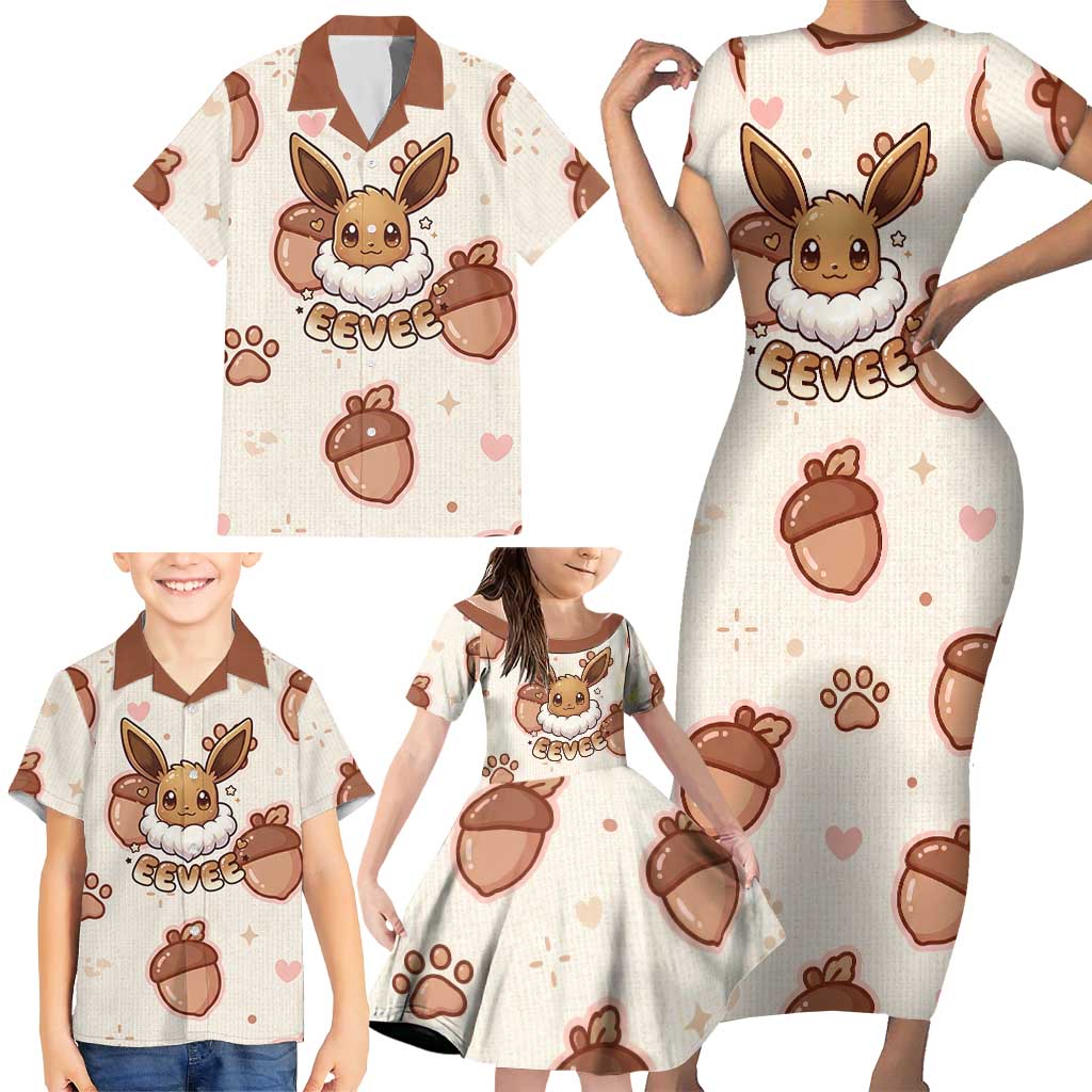 Eevee Family Matching Short Sleeve Bodycon Dress and Hawaiian Shirt Cozy Autumn Acorn Art