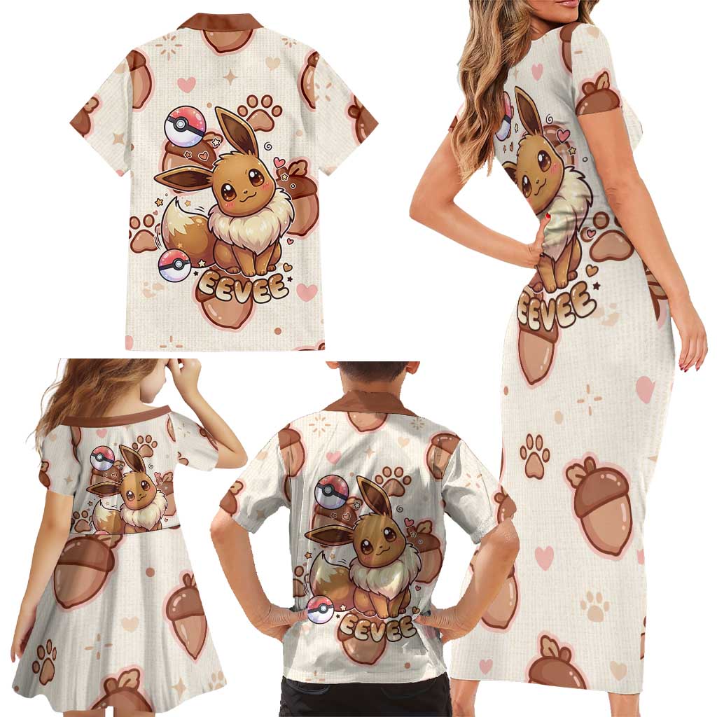 Eevee Family Matching Short Sleeve Bodycon Dress and Hawaiian Shirt Cozy Autumn Acorn Art