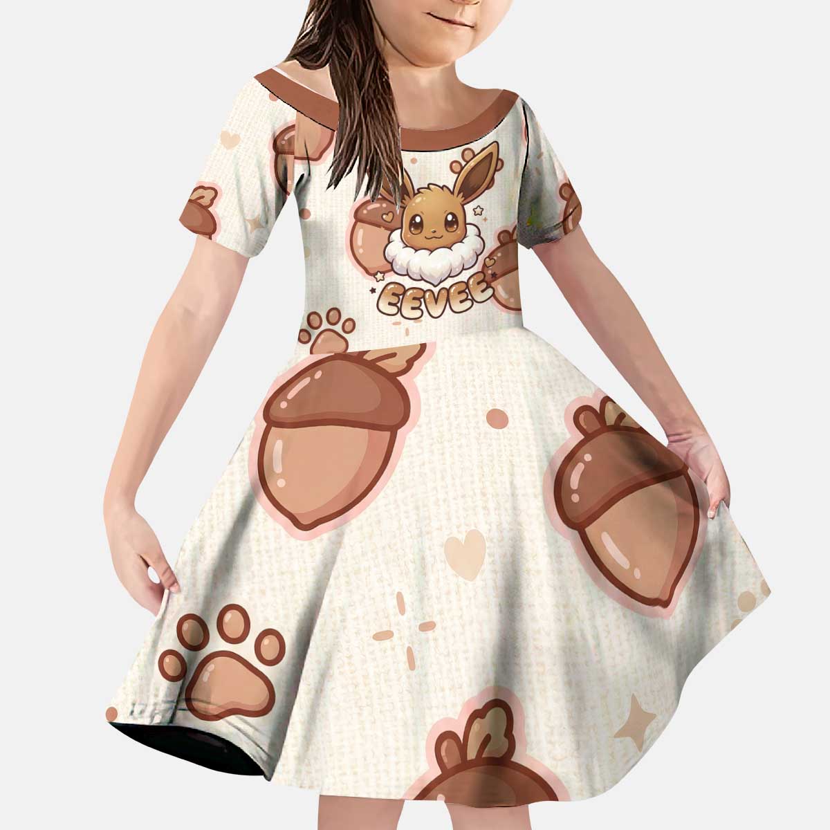 Eevee Kid Short Sleeve Dress Cozy Autumn Acorn Art