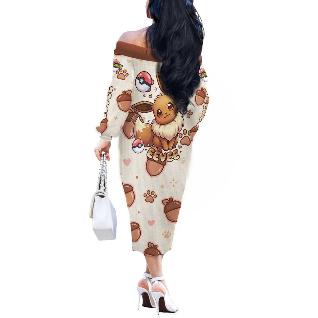 Eevee Off The Shoulder Long Sleeve Dress Cozy Autumn Acorn Art