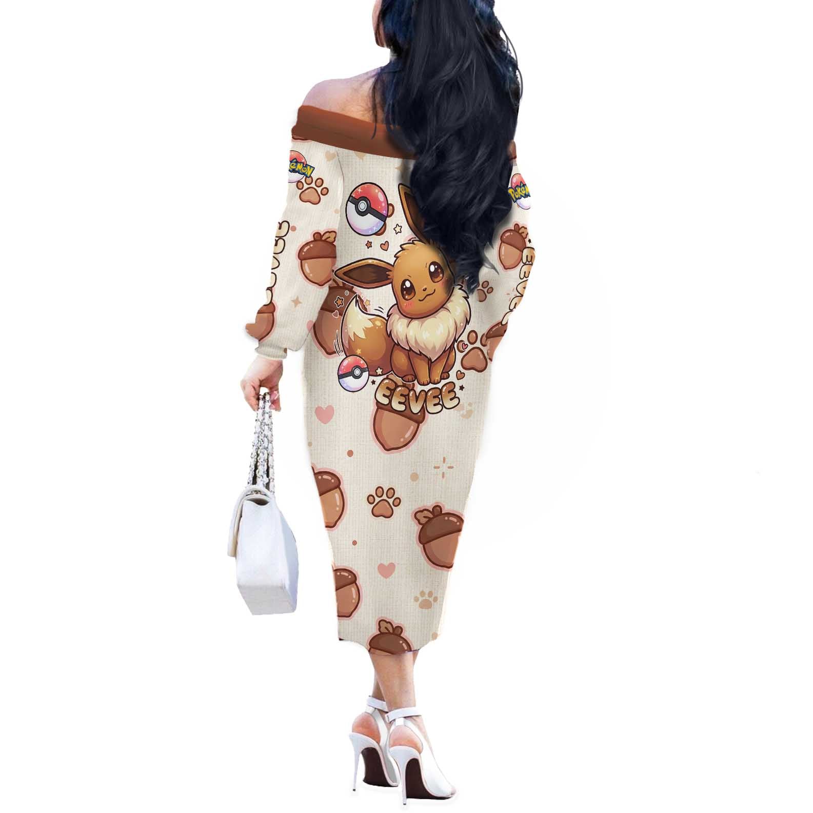 Eevee Off The Shoulder Long Sleeve Dress Cozy Autumn Acorn Art