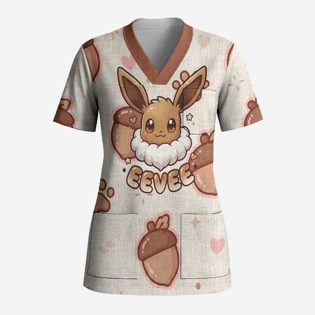 Eevee Scrub Top Cozy Autumn Acorn Art