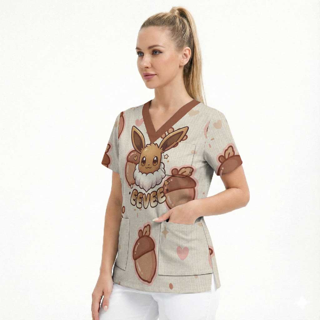 Eevee Scrub Top Cozy Autumn Acorn Art